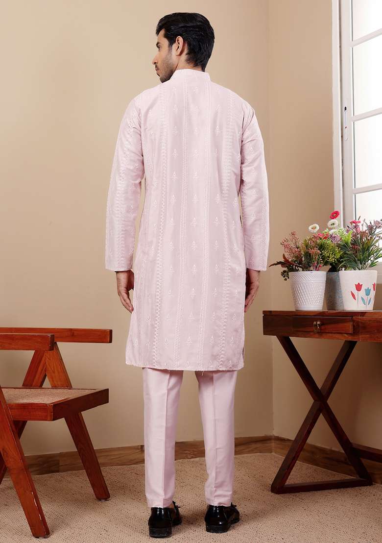Light Pink Embroidered Silk Kurta Pyjama Set For Men - Indya