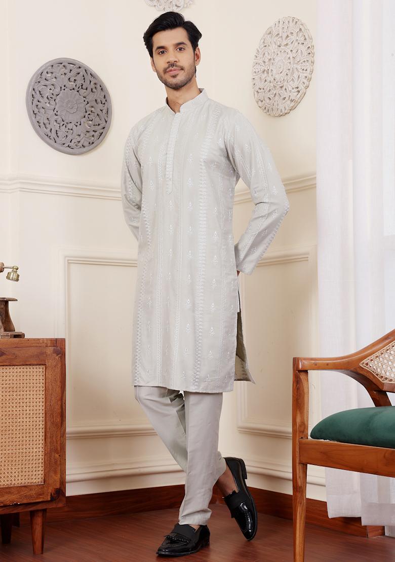 Light Green Embroidered Silk Kurta Pyjama Set For Men