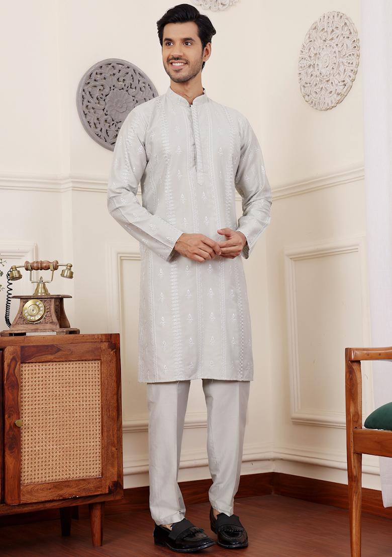 Light Green Embroidered Silk Kurta Pyjama Set For Men