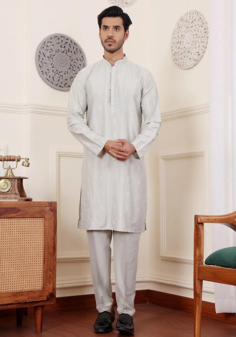 Light Green Embroidered Silk Kurta Pyjama Set For Men