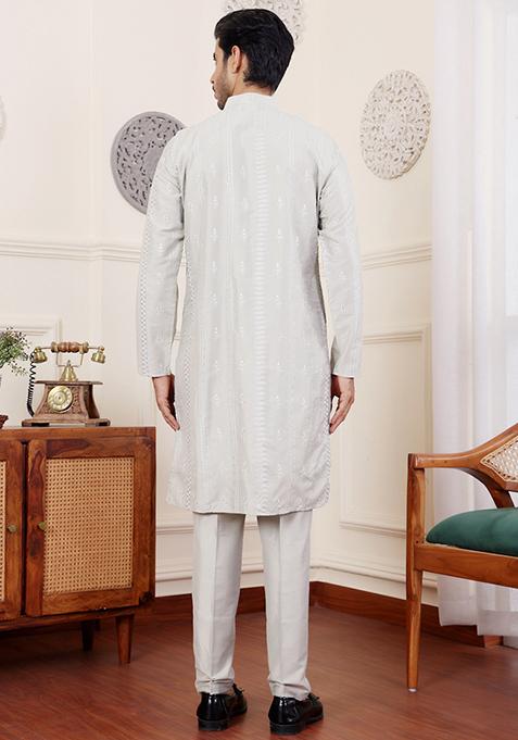 Light Green Embroidered Silk Kurta Pyjama Set For Men