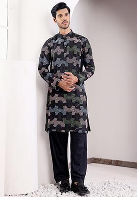 Black Embroidered Linen Kurta Pyjama Set For Men