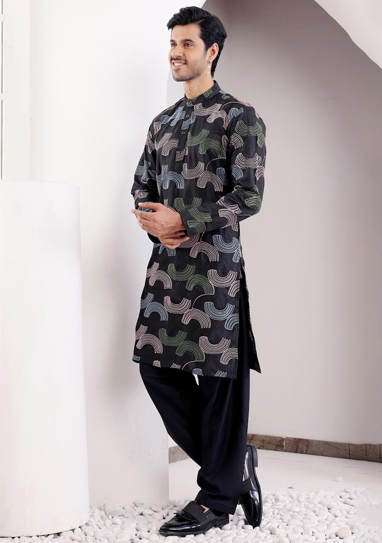 Black Embroidered Linen Kurta Pyjama Set For Men
