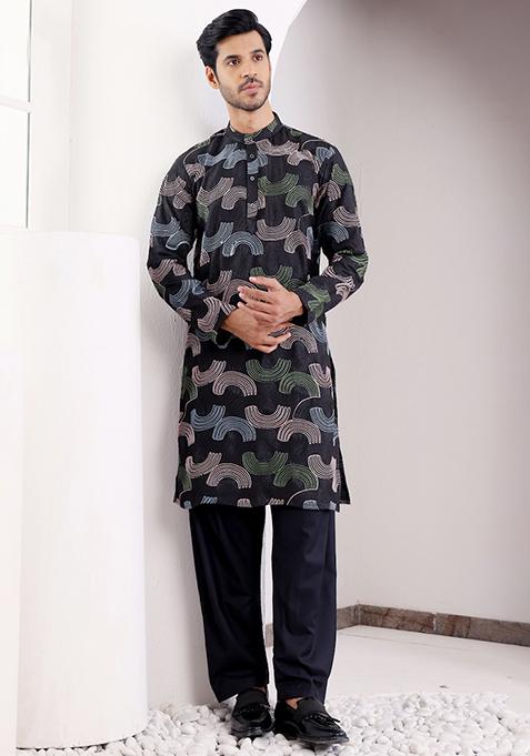 Black Embroidered Linen Kurta Pyjama Set For Men
