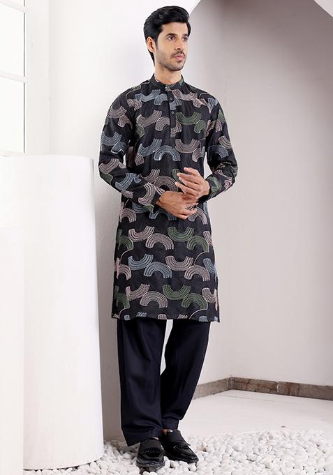 Black Embroidered Linen Kurta Pyjama Set For Men