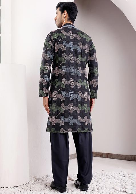 Black Embroidered Linen Kurta Pyjama Set For Men