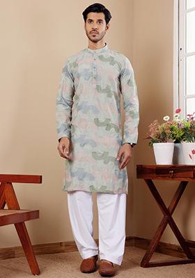 Pastel Green Embroidered Linen Kurta Pyjama Set For Men