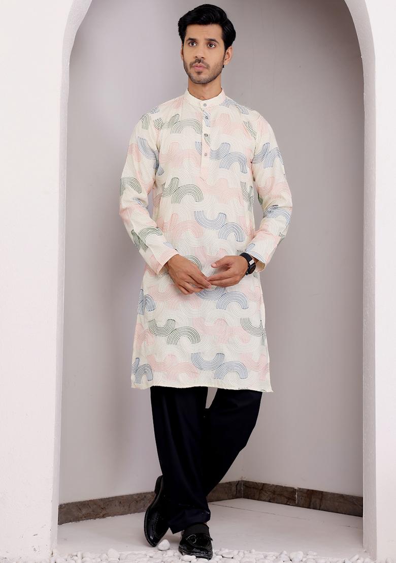 Cream Embroidered Linen Kurta Pyjama Set For Men