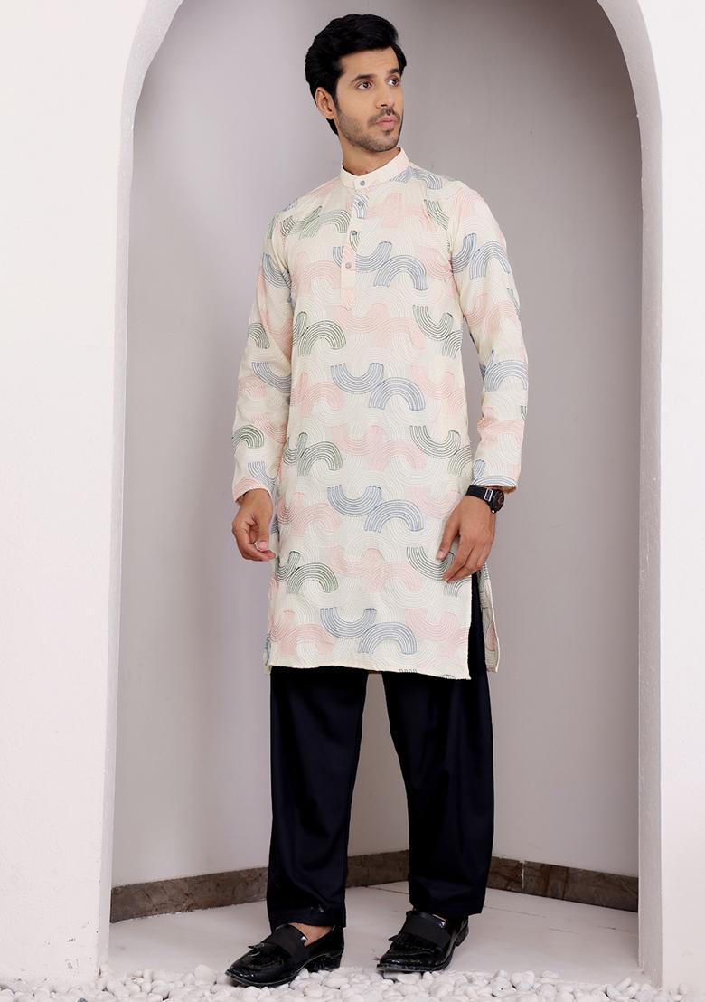 Cream Embroidered Linen Kurta Pyjama Set For Men
