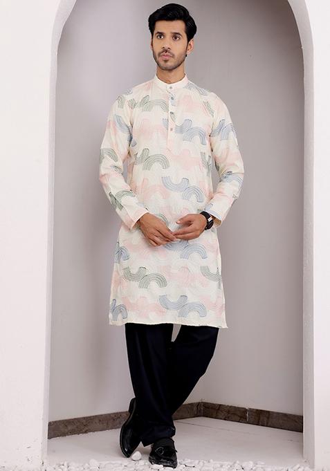 Cream Embroidered Linen Kurta Pyjama Set For Men