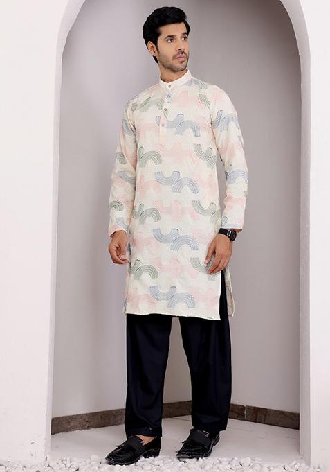 Cream Embroidered Linen Kurta Pyjama Set For Men