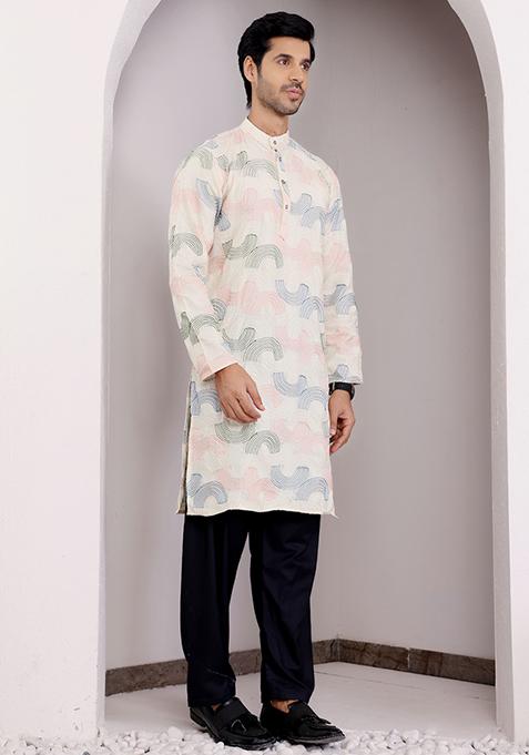 Cream Embroidered Linen Kurta Pyjama Set For Men