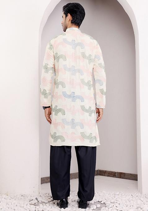 Cream Embroidered Linen Kurta Pyjama Set For Men