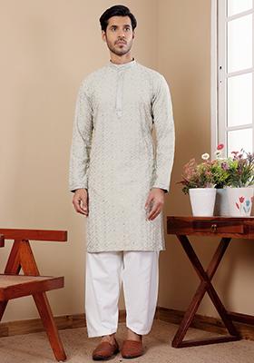 Pastel Green Embroidered Linen Kurta Pyjama Set For Men