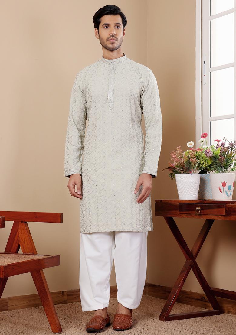 Pastel Green Embroidered Linen Kurta Pyjama Set For Men