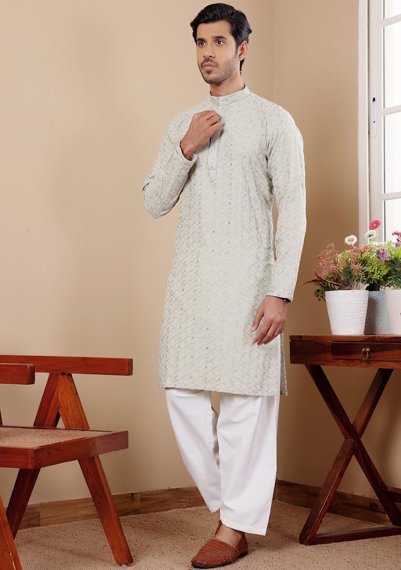 Pastel Green Embroidered Linen Kurta Pyjama Set For Men