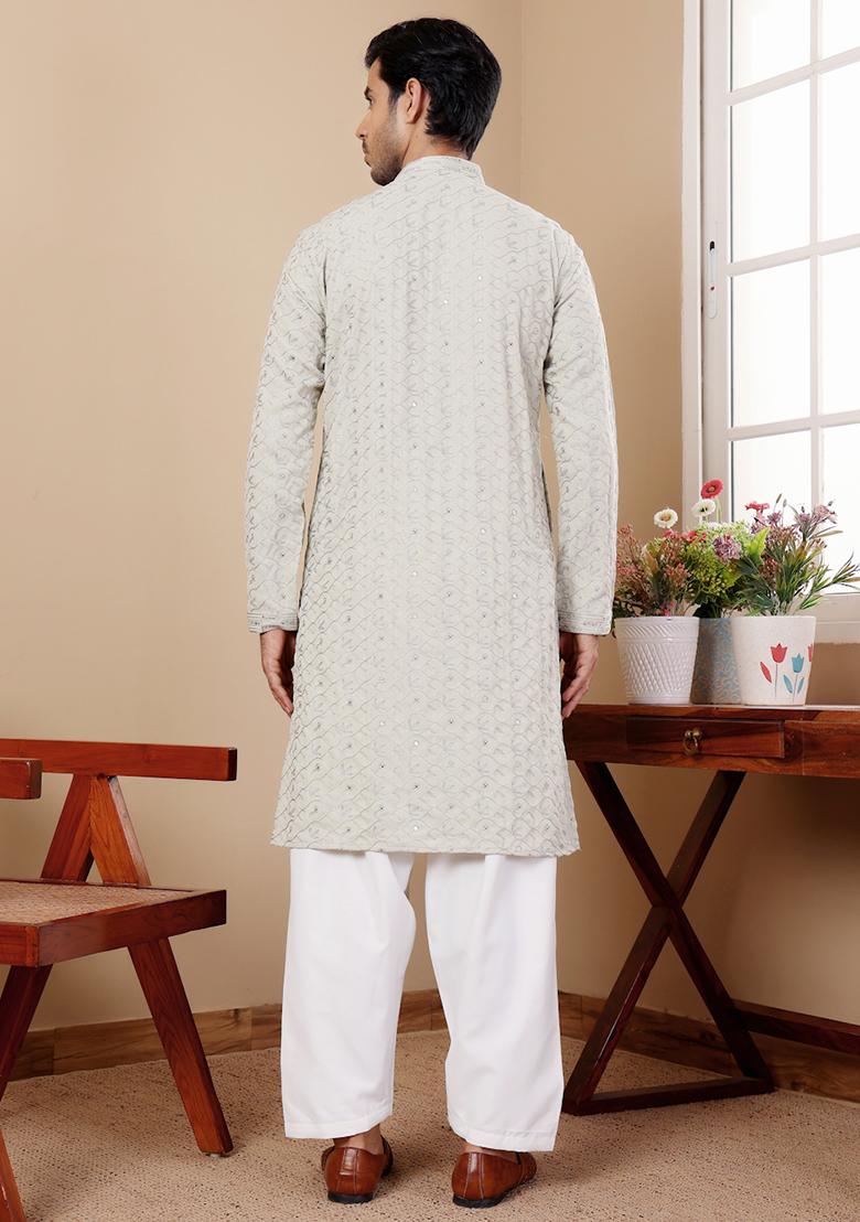 Pastel Green Embroidered Linen Kurta Pyjama Set For Men