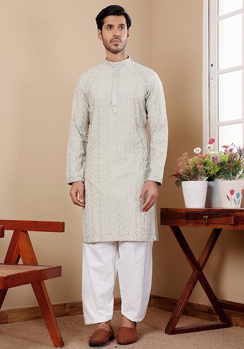 Pastel Green Embroidered Linen Kurta Pyjama Set For Men