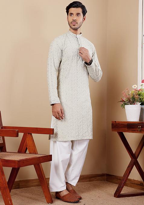 Pastel Green Embroidered Linen Kurta Pyjama Set For Men