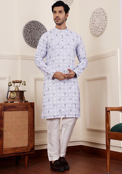 Light Purple Embroidered Linen Kurta Pyjama Set For Men
