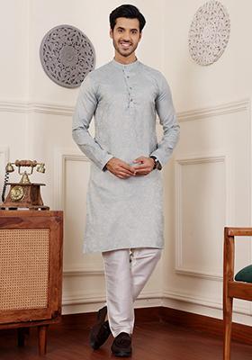 Light Blue Woven Viscose Kurta Pyjama Set For Men