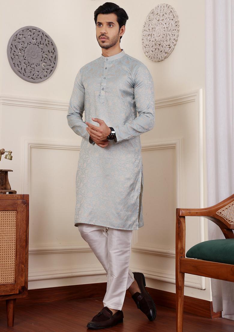 Light Blue Woven Viscose Kurta Pyjama Set For Men