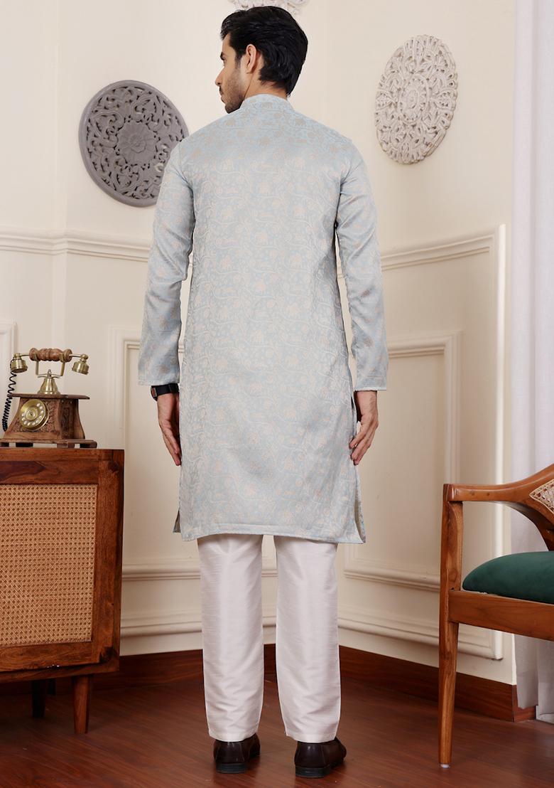 Light Blue Woven Viscose Kurta Pyjama Set For Men