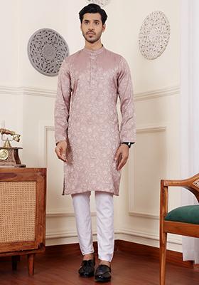 Mauve Woven Modal Silk Kurta Pyjama Set For Men
