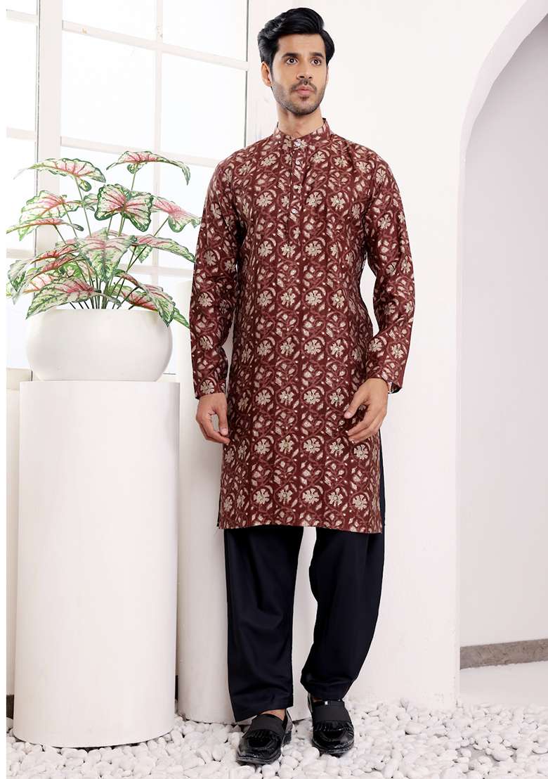 Maroon Printed Modal Silk Kurta For Men - Indya