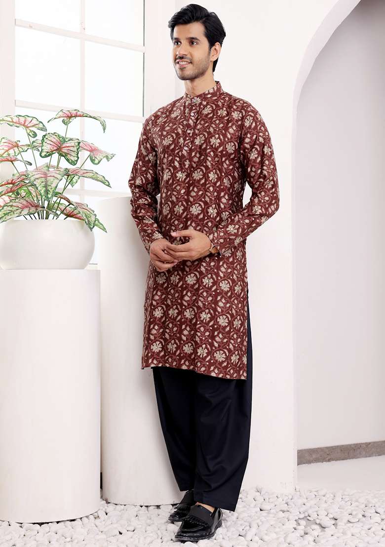 Maroon Printed Modal Silk Kurta For Men - Indya