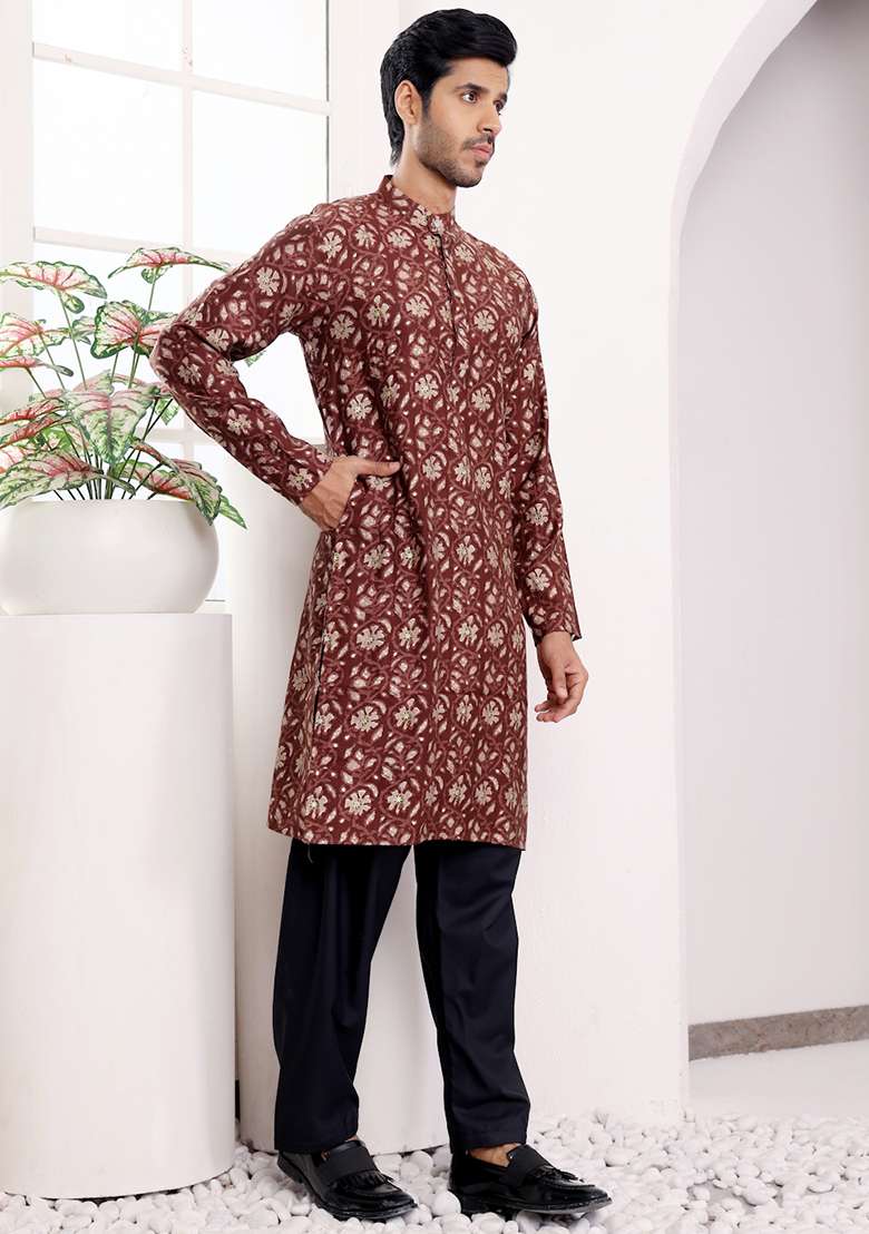 Maroon Printed Modal Silk Kurta For Men - Indya