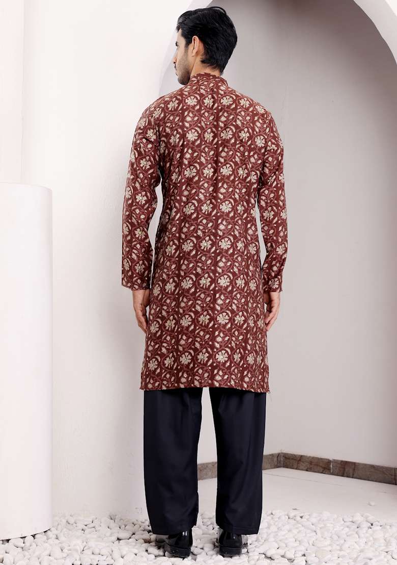 Maroon Printed Modal Silk Kurta For Men - Indya