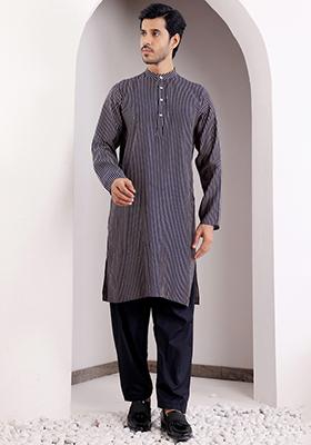 Blue Printed Modal Silk Kurta For Men