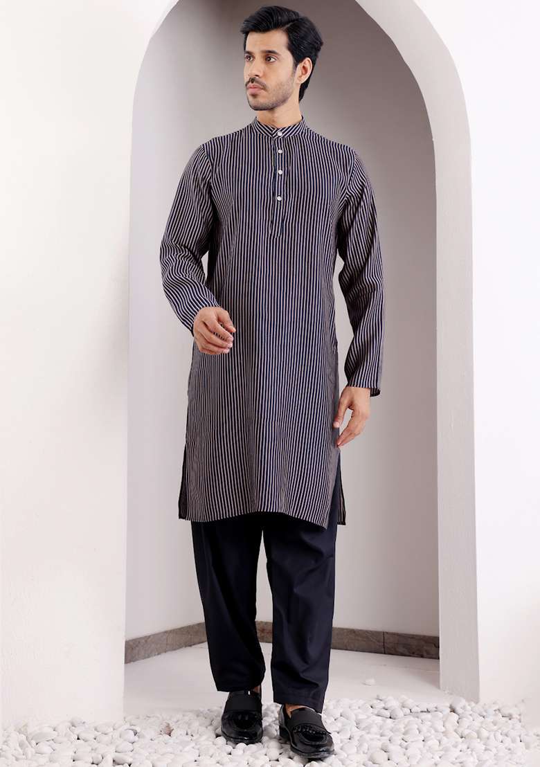 Blue Printed Modal Silk Kurta For Men - Indya