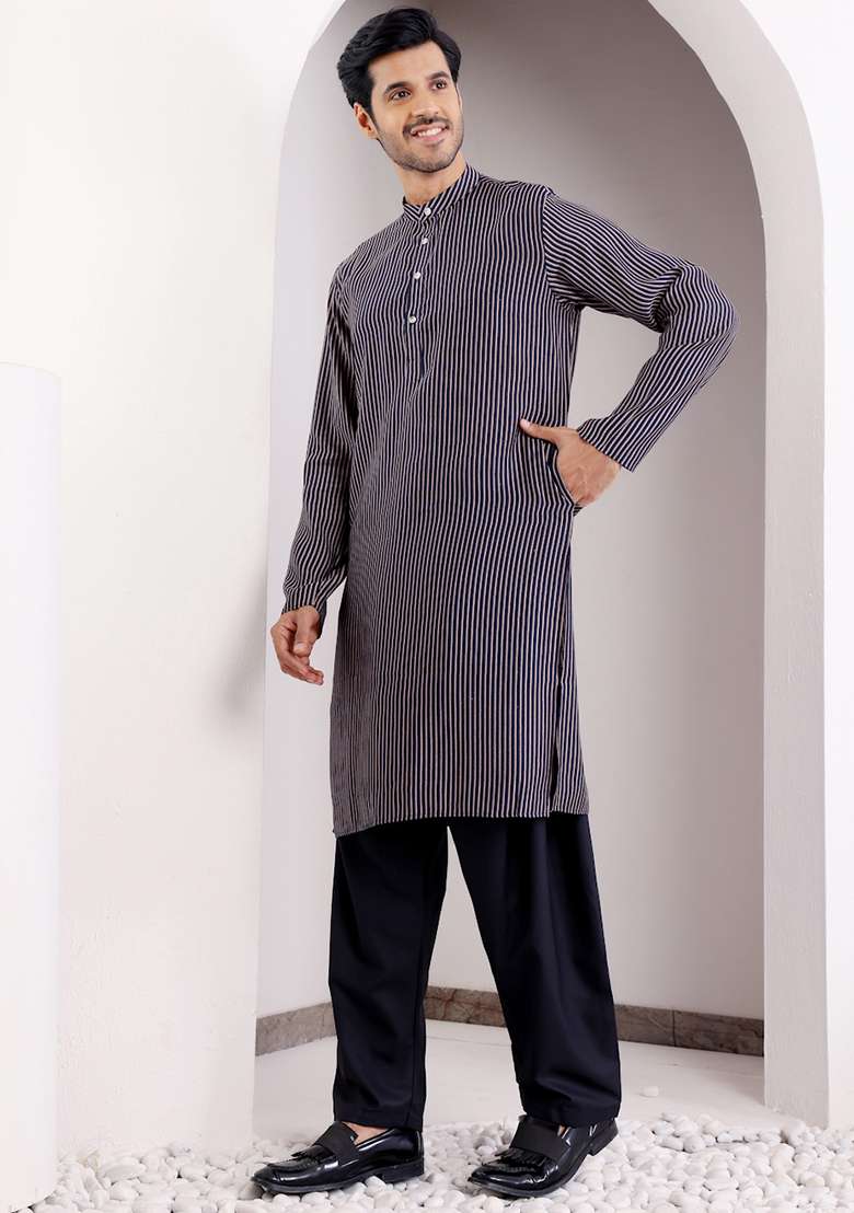 Blue Printed Modal Silk Kurta For Men - Indya