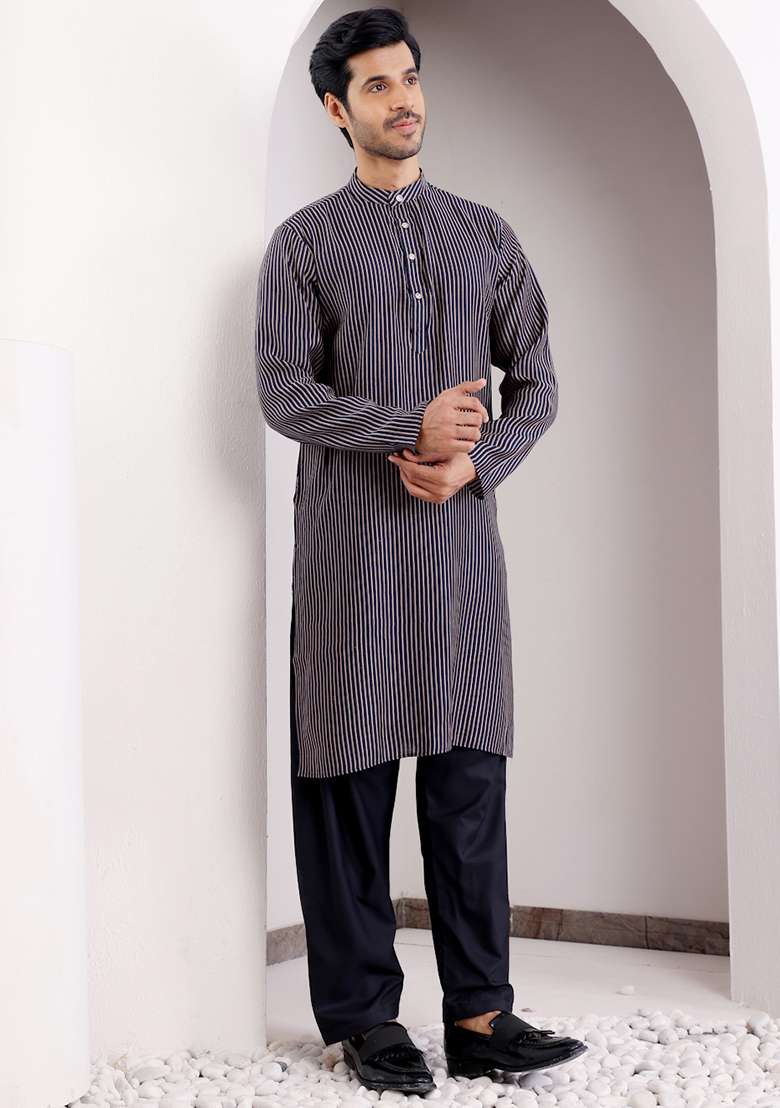 Blue Printed Modal Silk Kurta For Men - Indya