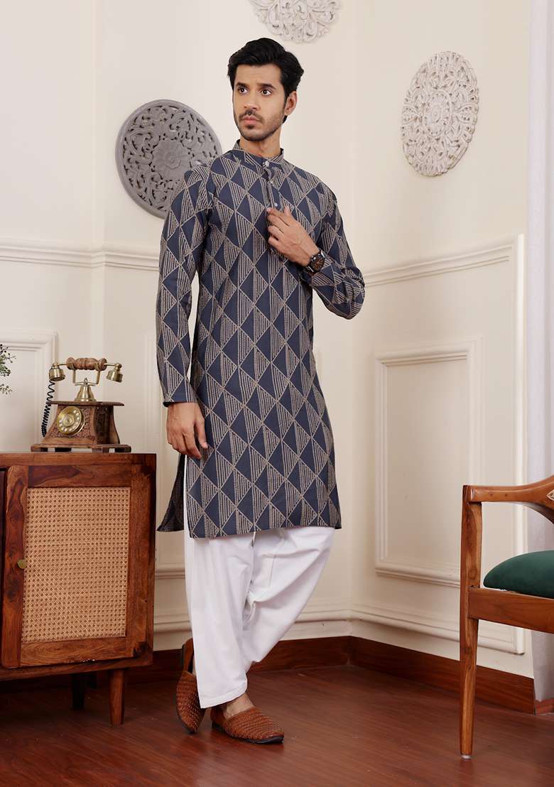Navy Blue Printed Modal Silk Kurta Pyjama Set For Men - Indya
