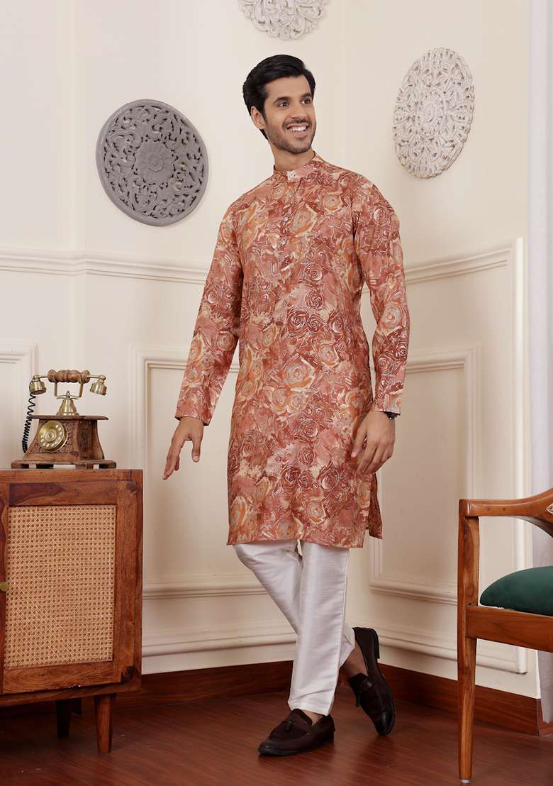 Brown Printed Modal Silk Kurta Pyjama Set For Men - Indya
