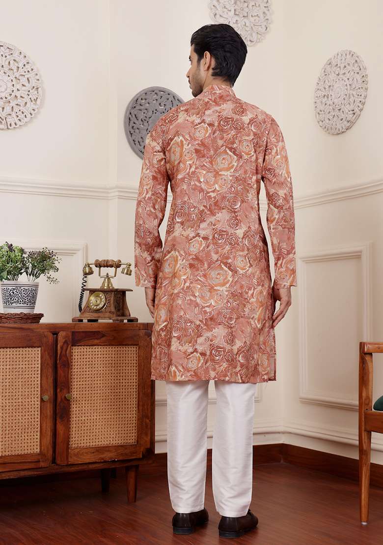 Brown Printed Modal Silk Kurta Pyjama Set For Men - Indya