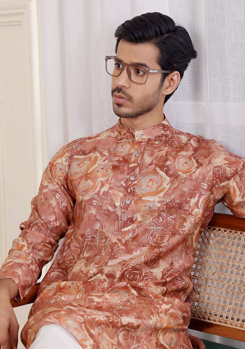 Brown Printed Modal Silk Kurta Pyjama Set For Men - Indya