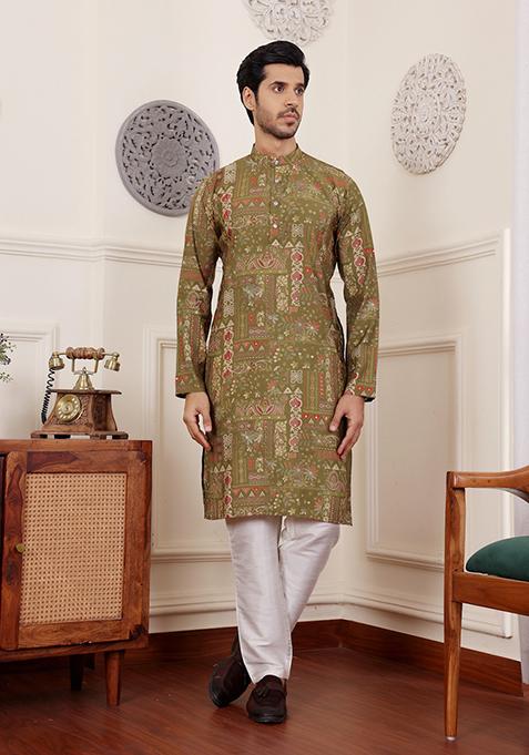 Green Printed Modal Silk Kurta Pyjama Set For Men