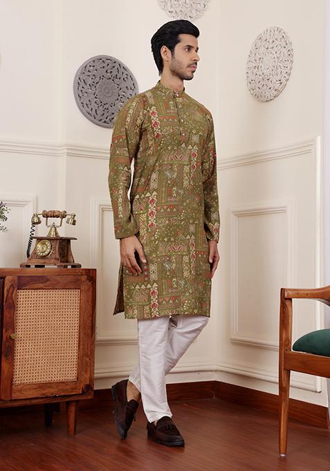 Green Printed Modal Silk Kurta Pyjama Set For Men