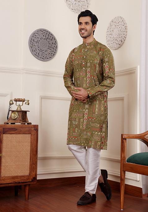 Green Printed Modal Silk Kurta Pyjama Set For Men