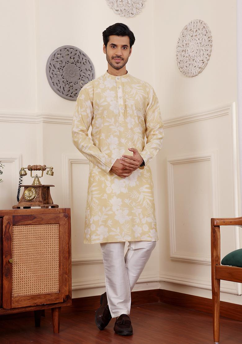 Light Yellow Printed Modal Silk Kurta Pyjama Set For Men