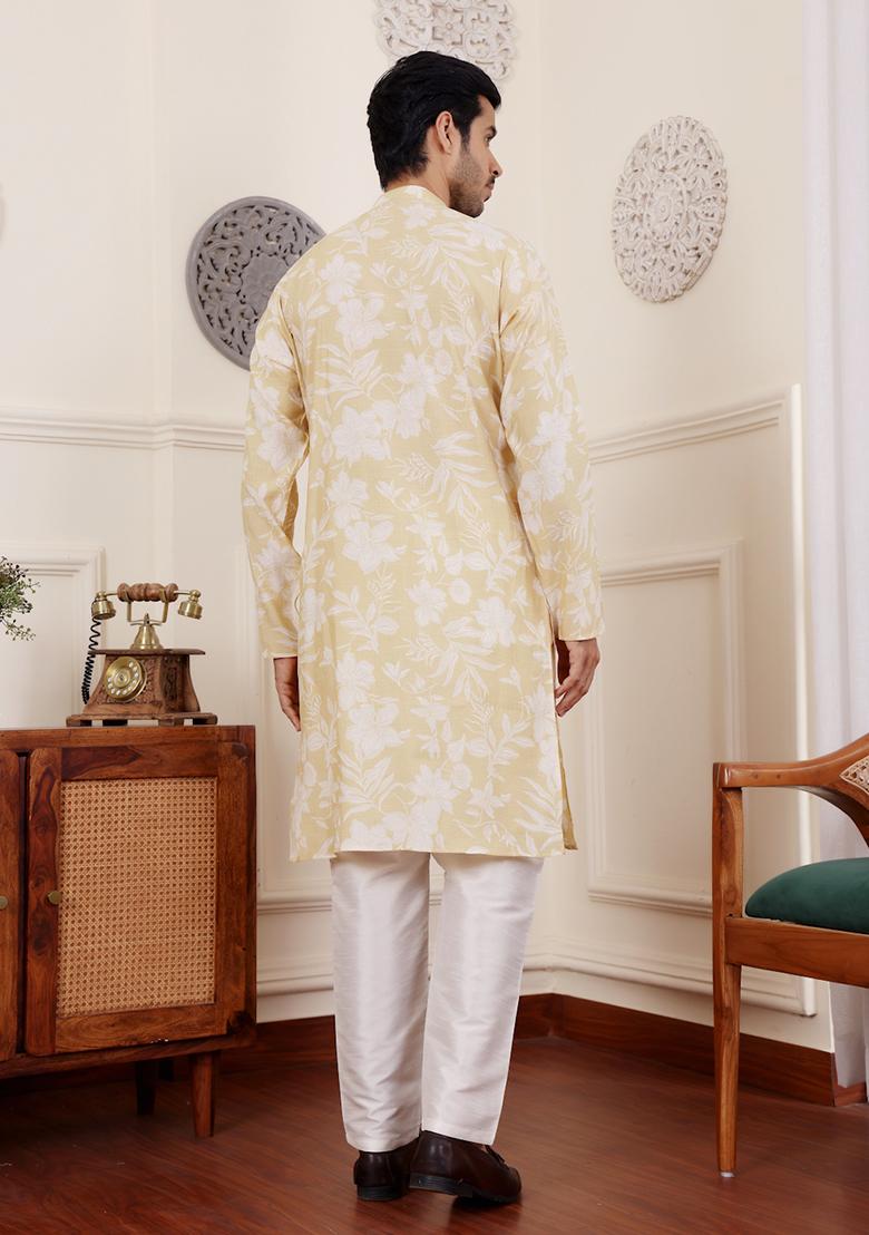 Light Yellow Printed Modal Silk Kurta Pyjama Set For Men