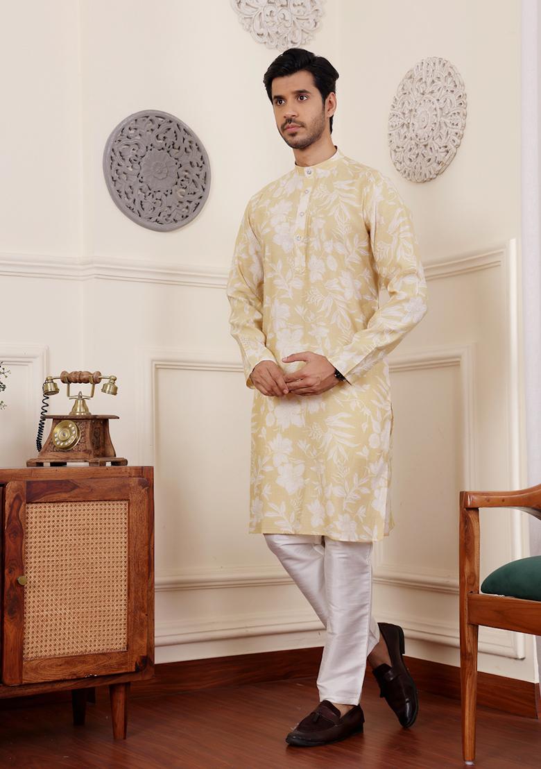 Light Yellow Printed Modal Silk Kurta Pyjama Set For Men