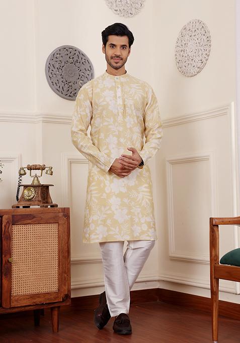 Light Yellow Printed Modal Silk Kurta Pyjama Set For Men