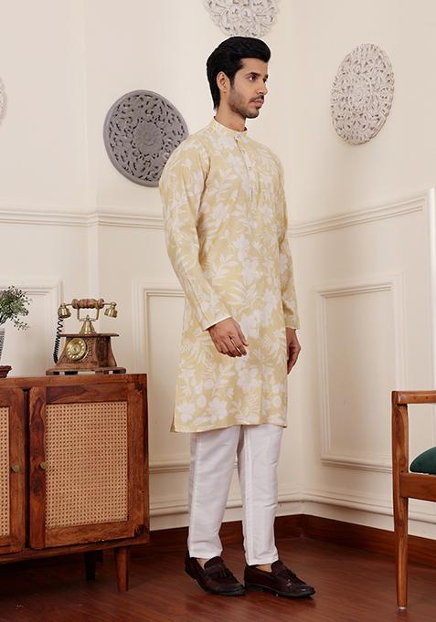 Light Yellow Printed Modal Silk Kurta Pyjama Set For Men