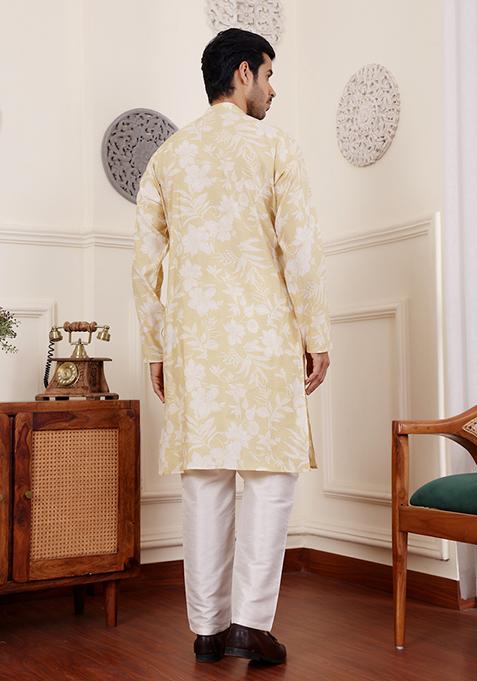 Light Yellow Printed Modal Silk Kurta Pyjama Set For Men