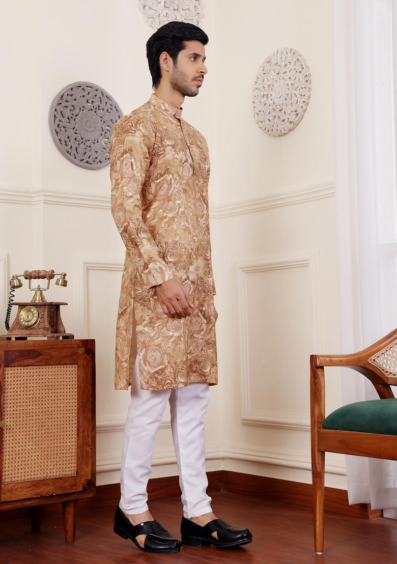 Light Brown Printed Modal Silk Kurta Pyjama Set For Men